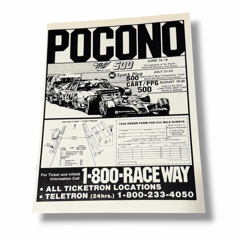 1989 Pocono Miller High Life 500 NASCAR Racing Original Vintage Ad G